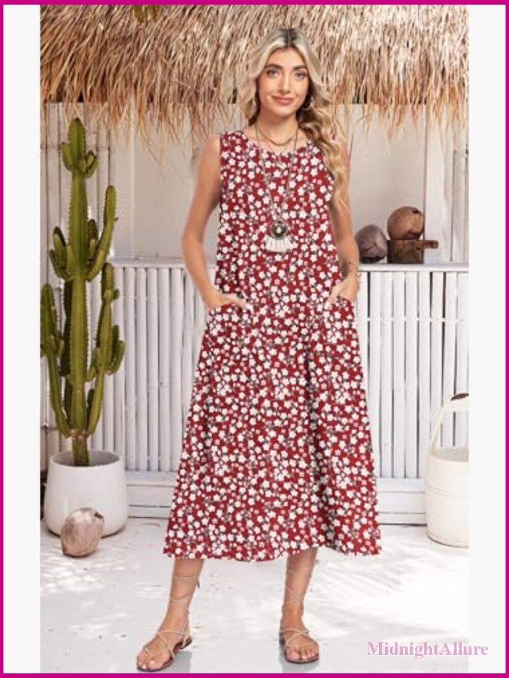 Womens Summer Midi Casual Dress with Pockets Sleeveless Crewneck Sundress - Picture 2 of 7